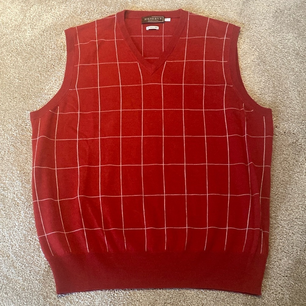 Patrick James Reserve Extra Fine Italian Merino Wool Windowpane Red Vest Sz XL